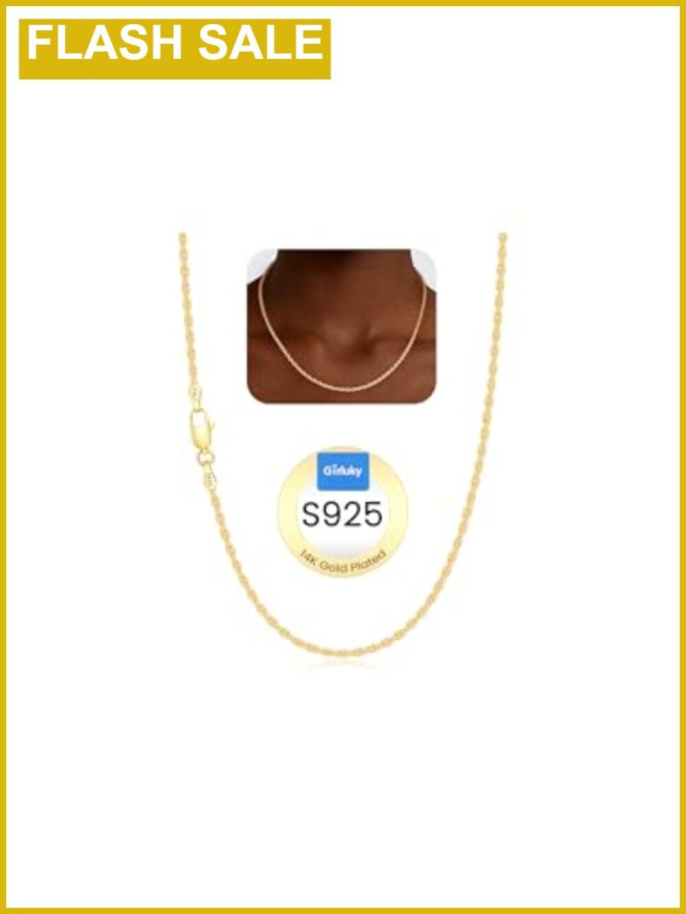 14K Gold Plated Rope Chain Necklace Women 925 Sterling Silver, 18 Inch
